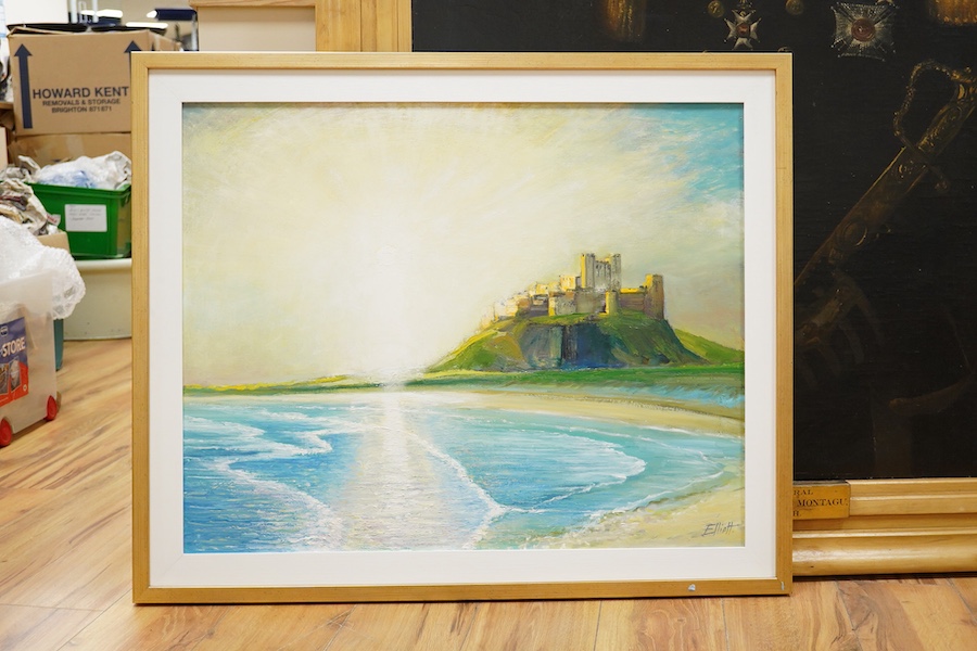 Robin Alexander Elliott (b.1936), oil on canvas, ‘Sun-up at Bamburgh Castle, Northumberland’, signed, inscribed verso, 59 x 75cm. Condition - good